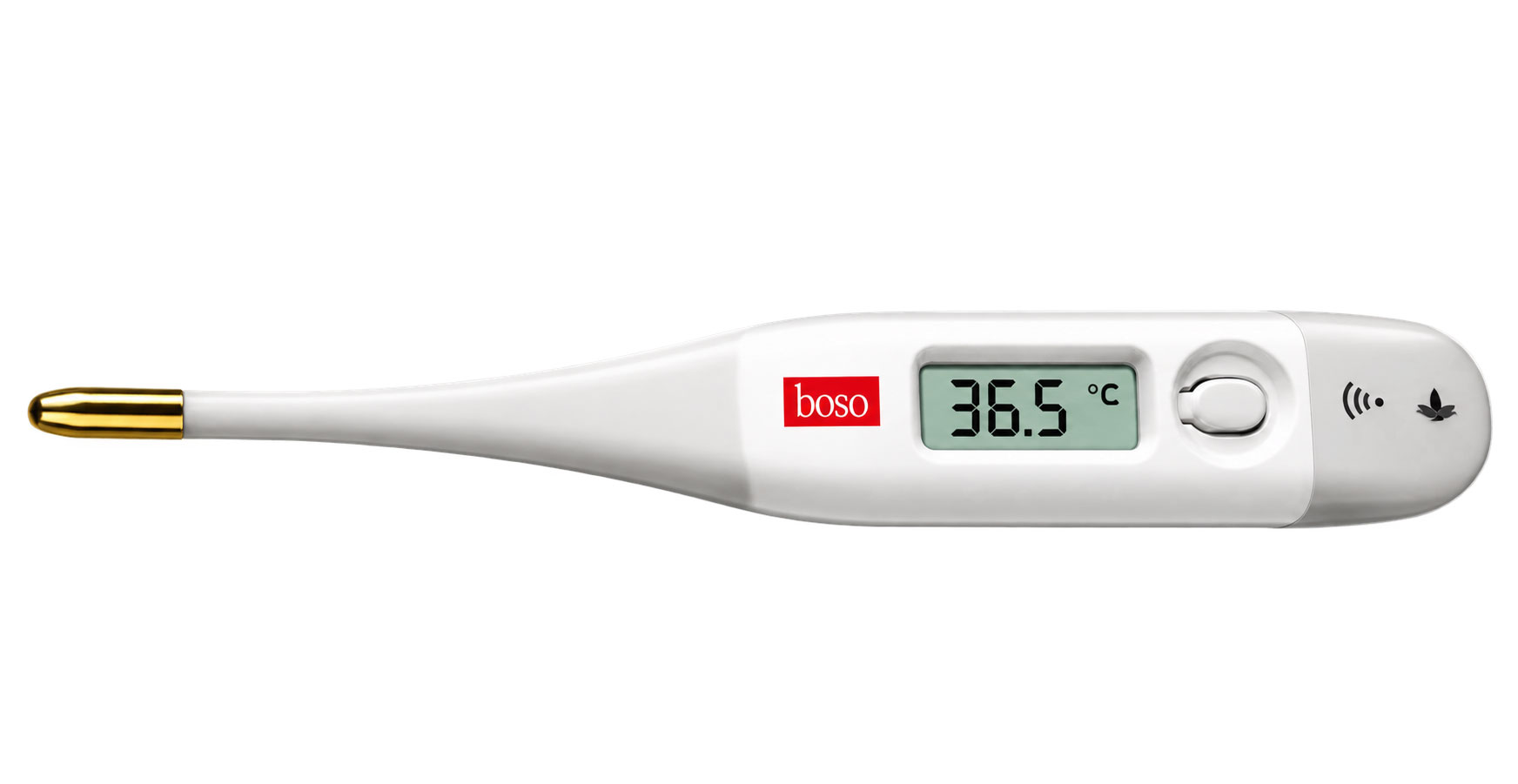 Ein digitales Thermometer mit weißem Gehäuse und einer goldenen Spitze. Es zeigt eine Temperatur von 36,5 °C an. Der Markenname -boso- ist auf dem Gerät sichtbar.
