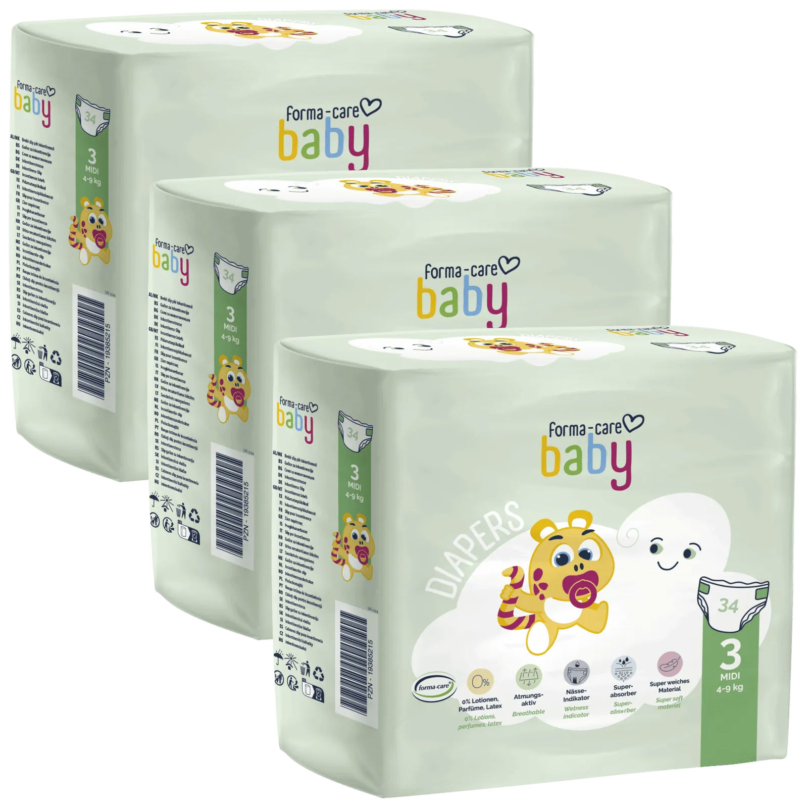 Drei Verpackungen von Windeln stehen übereinander. Jede Packung trägt den Text -forma-care baby-, mit einer Abbildung eines niedlichen Tieres und der Größe -3 MIDI- (4-9 kg) auf der Vorderseite.