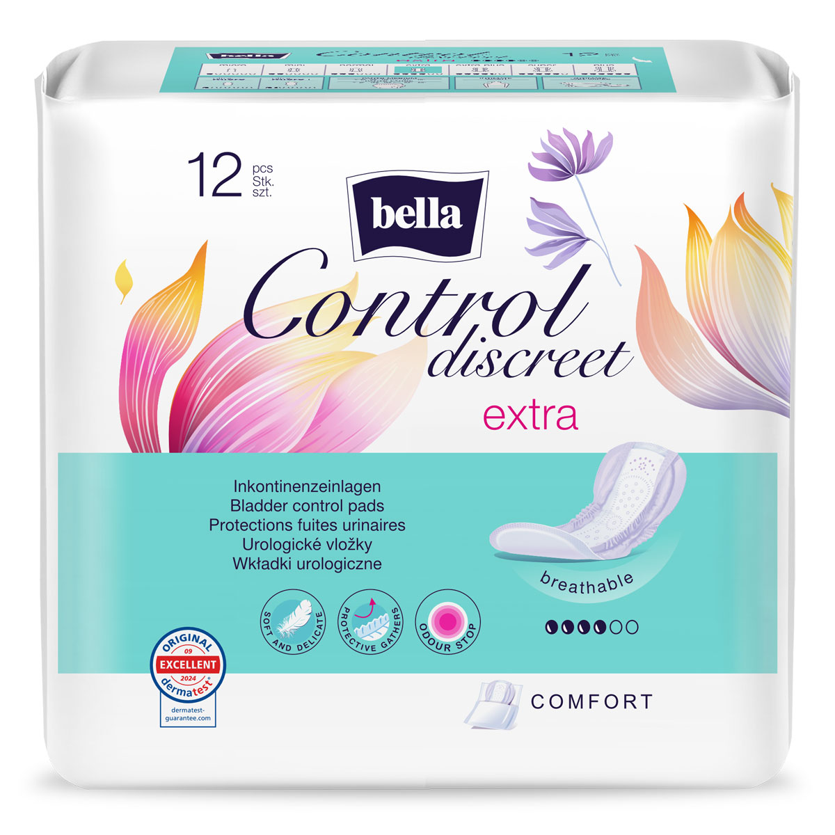 Bella Control Discreet Extra, Verpackung mit 12 Inkontinenzeinlagen. Die Vorderseite zeigt Blumenmuster, Begriffe wie -breathable- und Product-Icons. Der Hintergrund ist hell und schlichter gehalten.