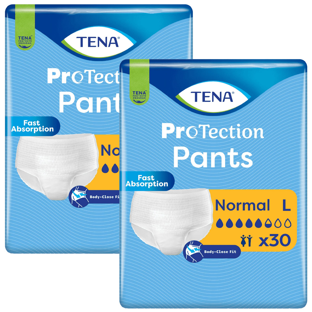 Zwei Packungen von TENA Pro(Tec)tion Pants werden gezeigt. Die Packungen sind blau mit einem weißen Höschen auf der Vorderseite. Hinweise umfassen -Schnelle Absorption- und die Größe -Normal L x30-.
