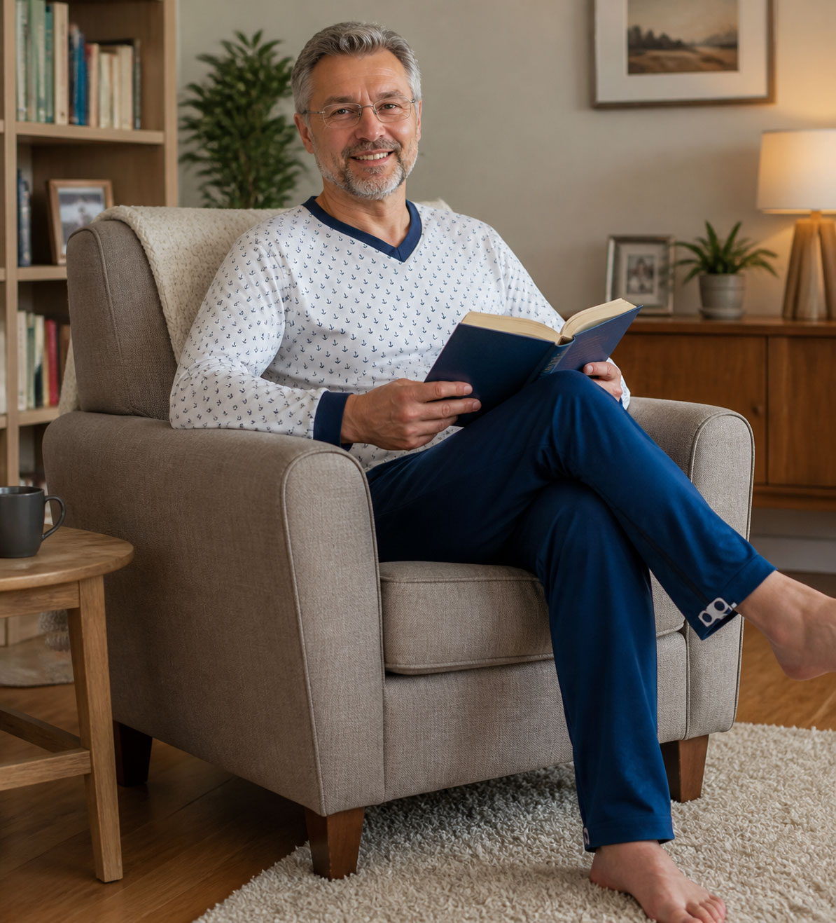 Ein älterer Mann sitzt bequem in einem Sessel, trägt einen gemütlichen Pullover mit Ankerdesign und blaue Schlafanzughosen. Er liest ein Buch, umgeben von einem warmen, wohnlichen Raum.