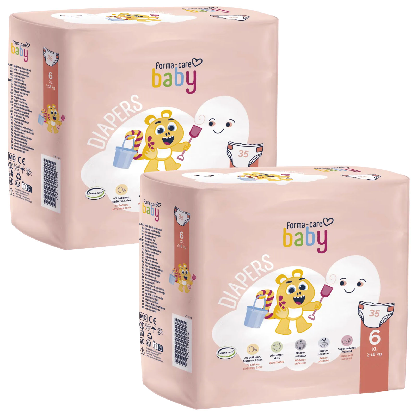 Zwei Packungen Babywindeln sind nebeneinander auf einem rosa Hintergrund abgebildet. Jede Packung enthält 35 Stück der Größe 6 (2-18 kg) mit buntem, kinderfreundlichem Design.