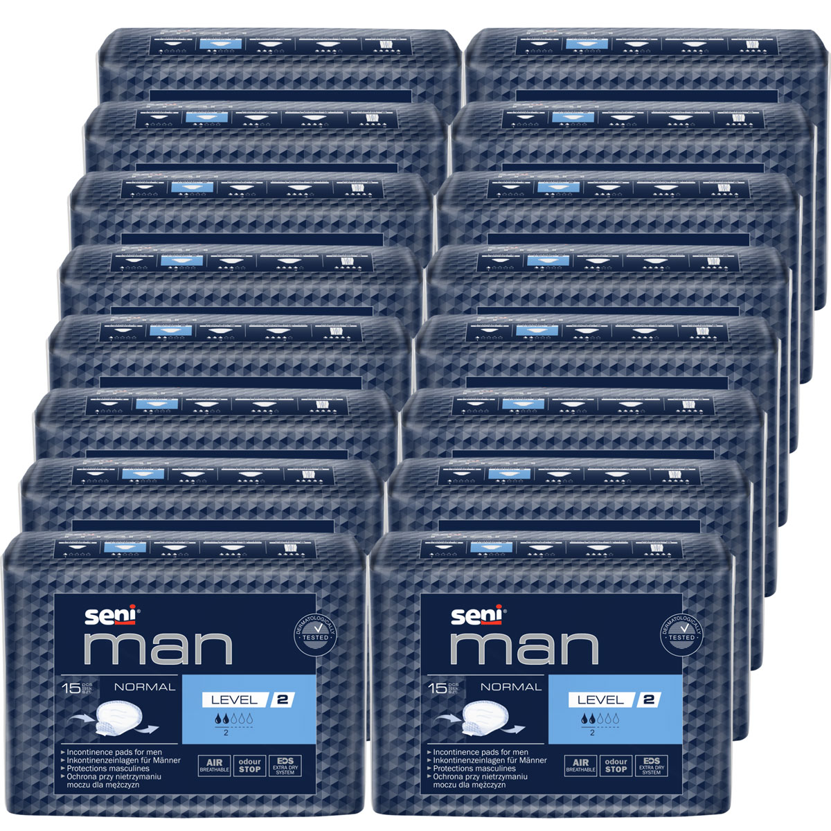 Seni man Inkontinenzprodukte für Männer sind in einer Packung mit 15 Stück im Vordergrund angeordnet. Die Verpackung ist blau und enthält Informationen über den Produkttyp und die Schutzstufe Level 2.