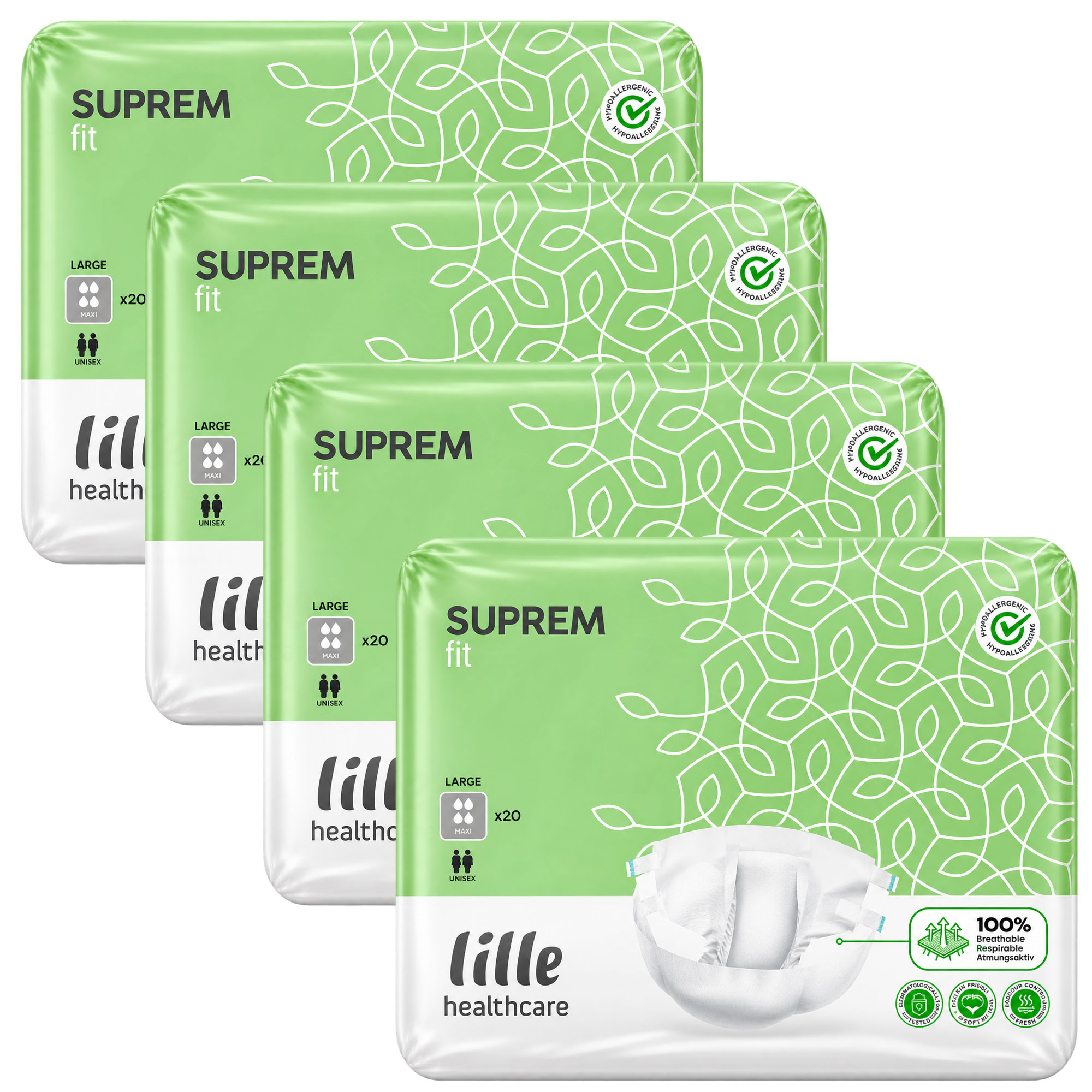 Vier Packungen von Lille Healthcare Suprem fit, grün und weiß, mit Hinweis auf unisex und große Größe, präsentieren jeweils 20 Stück. Die Verpackungen zeigen atmungsaktive Eigenschaften und sind hypoallergen.