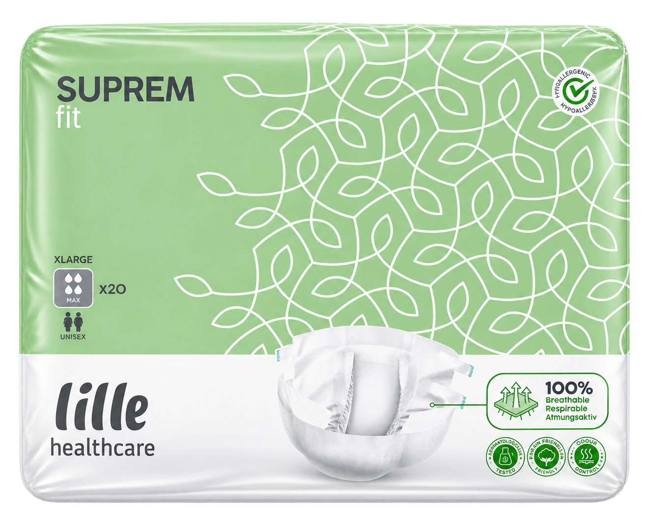 Eine Packung Inkontinenzprodukte in XLarge Größe, mit einem grünen, blättrigen Design. Die Verpackung enthält 20 Stück, ist unisex und bietet Eigenschaften wie Atemaktivität und Hautfreundlichkeit.