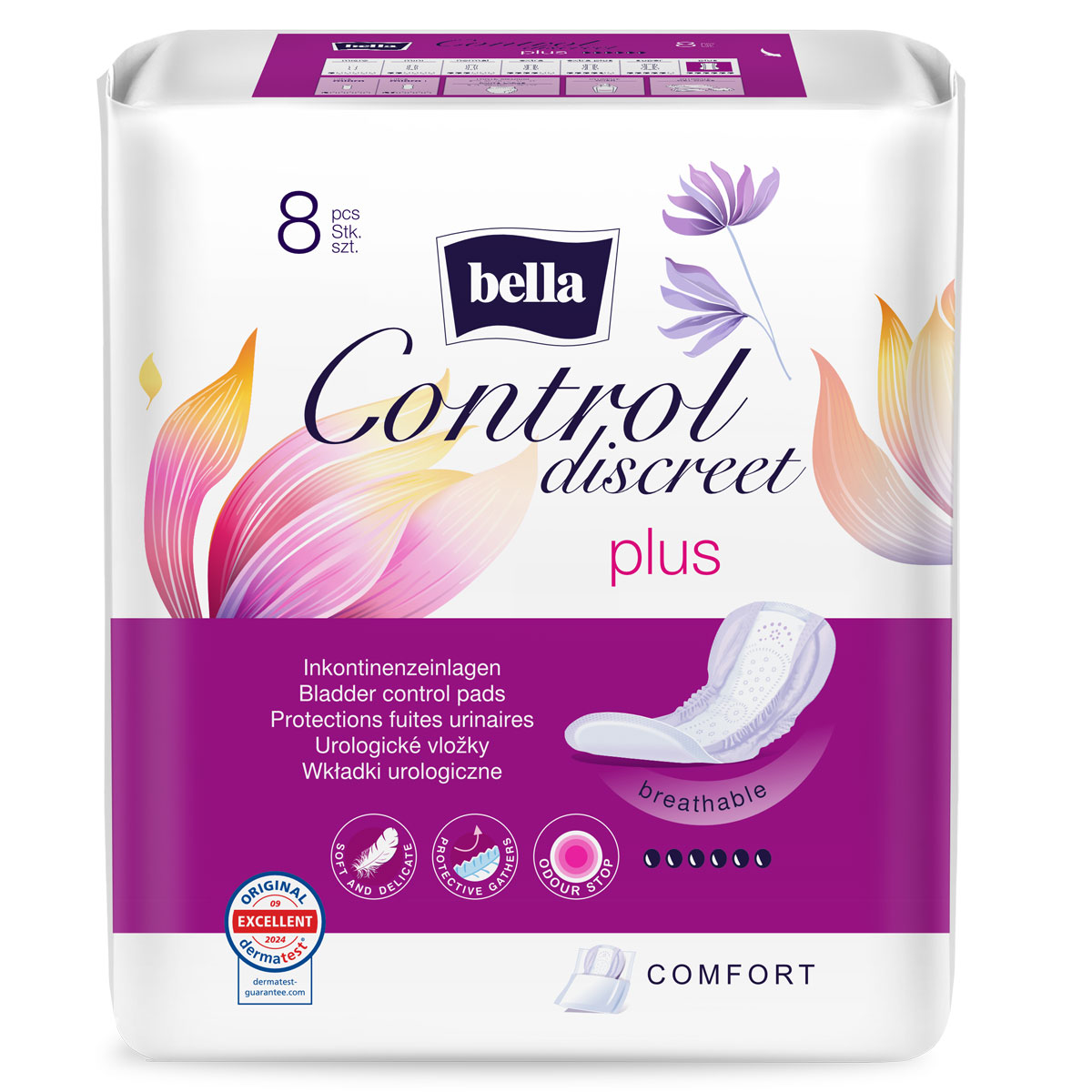 Inhalt einer Verpackung mit Inkontinenzeinlagen. Die Verpackung zeigt farbige Blütenmuster und enthält Informationen über das Produkt wie -breathable- und -Comfort-. Es sind 8 Stück enthalten.