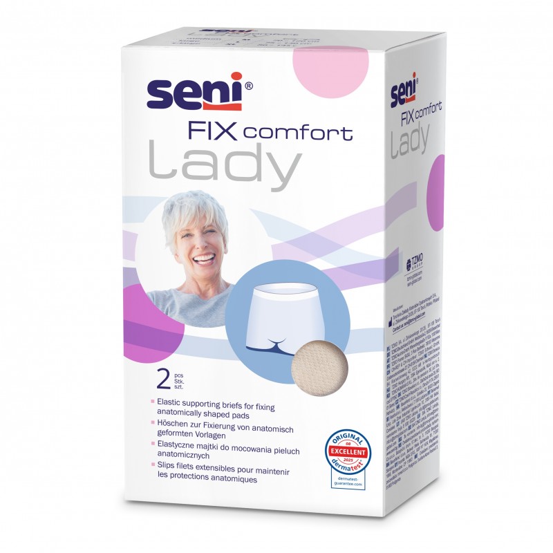 Seni FIX comfort Lady ist eine Verpackung für elastische Stützunterhosen zur Fixierung anatomisch geformter Vorlagen. Auf der Front ist ein lächelnder älterer Mensch abgebildet, umgeben von bunten grafischen Elementen.