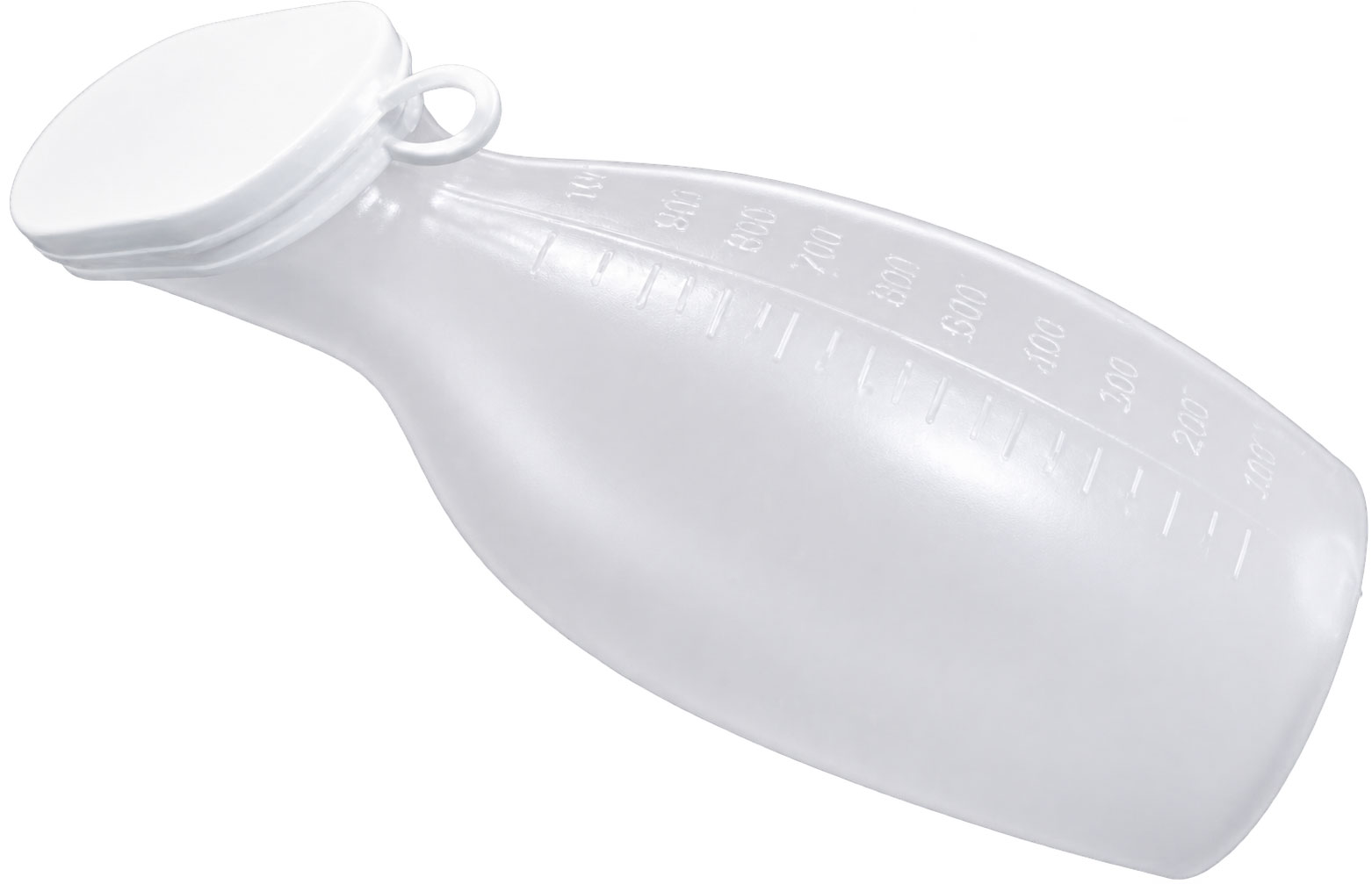 Ein transparenter, aus Kunststoff bestehender Behälter in Form einer Flasche mit einem abnehmbaren Deckel. Die Flasche hat Maßeinheiten auf der Seite, die bis 800 ml reichen.
