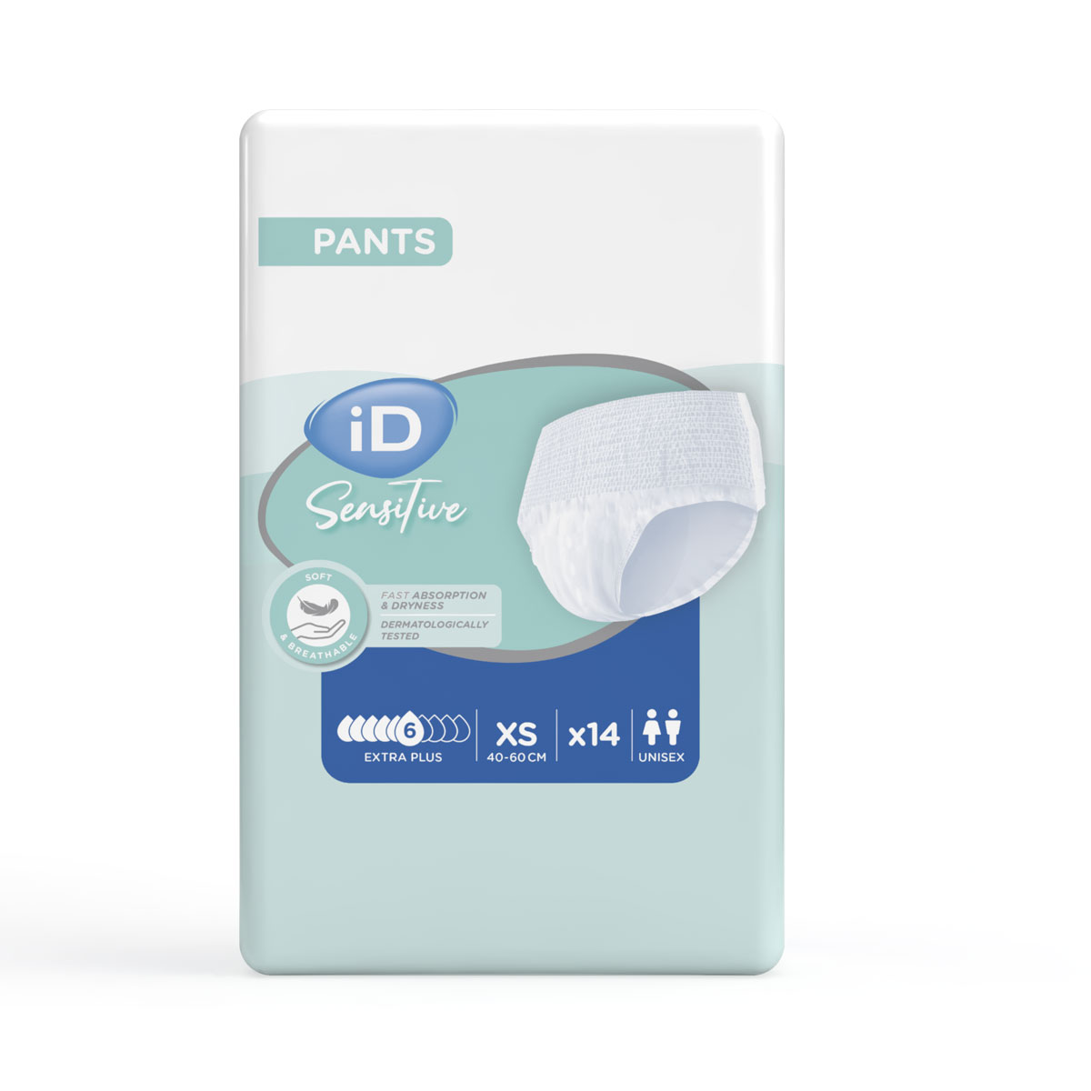 Packung von iD Sensitive Pants, enthält 14 Windelhosen in Größe XS (40-60 cm). Präsentiert in einem modernen Design mit Informationen zu schnellem Saugvermögen und dermatologischer Verträglichkeit.