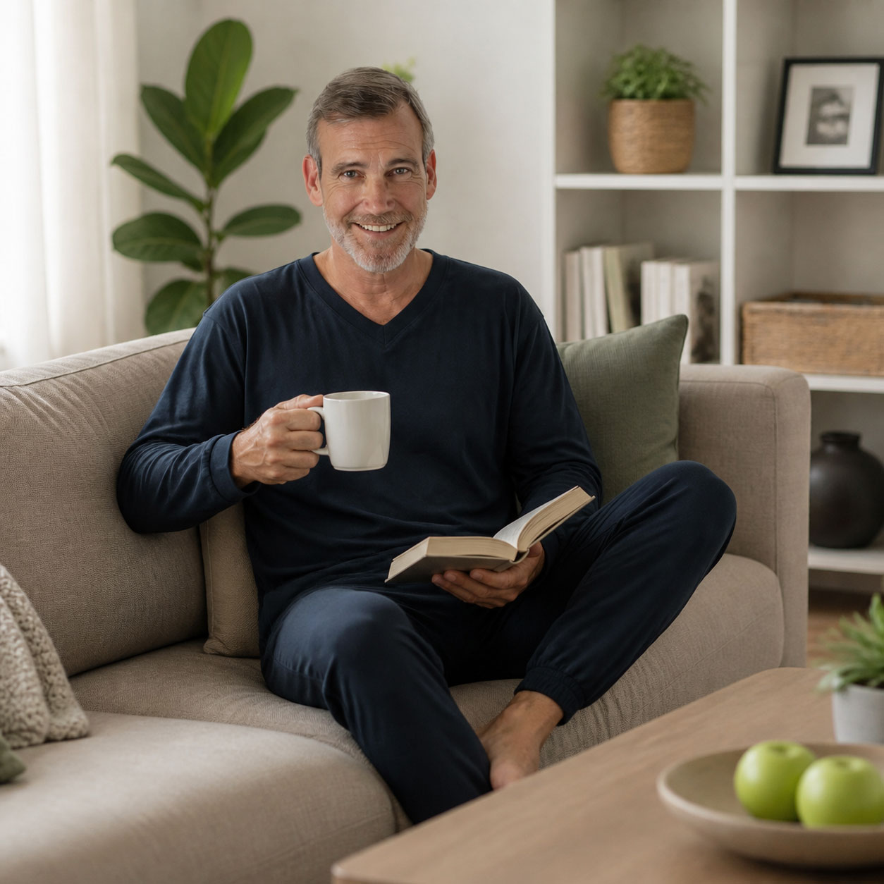 Ein Mann sitzt entspannt auf einem beigen Sofa, hält eine Tasse und ein Buch in der Hand. Die Umgebung zeigt Pflanzen, Bücherregale und einen Holztisch mit Äpfeln.