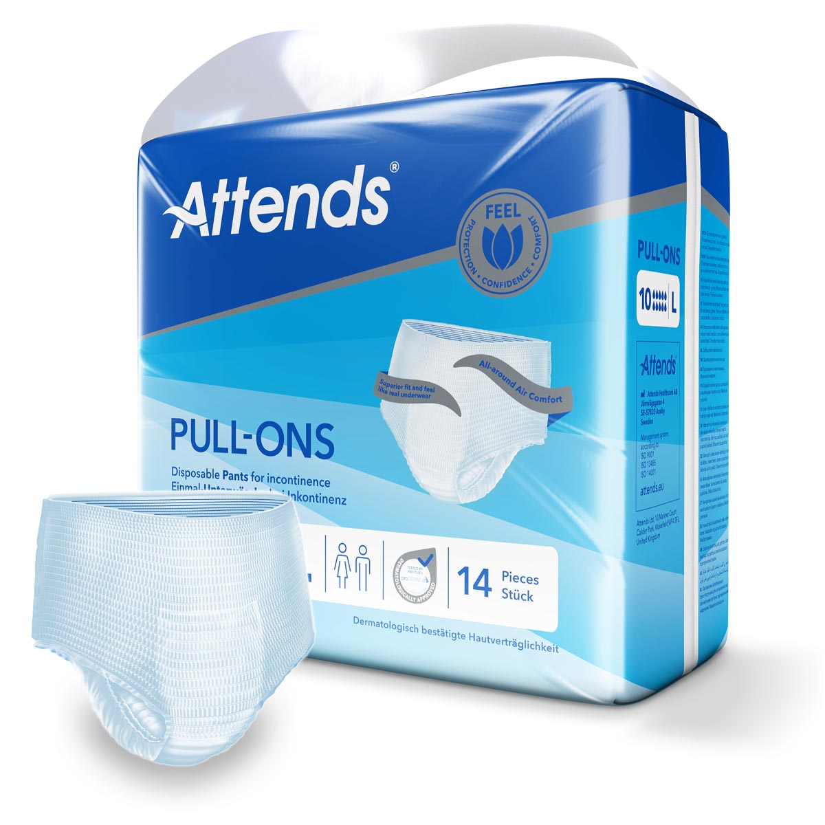 Attends Pull-Ons sind Einweg-Hosen für Inkontinenz, abgebildet in einer blauen Verpackung. Die Packung enthält 14 Teile in Größe L. Dermatologisch getestet für Hautverträglichkeit.