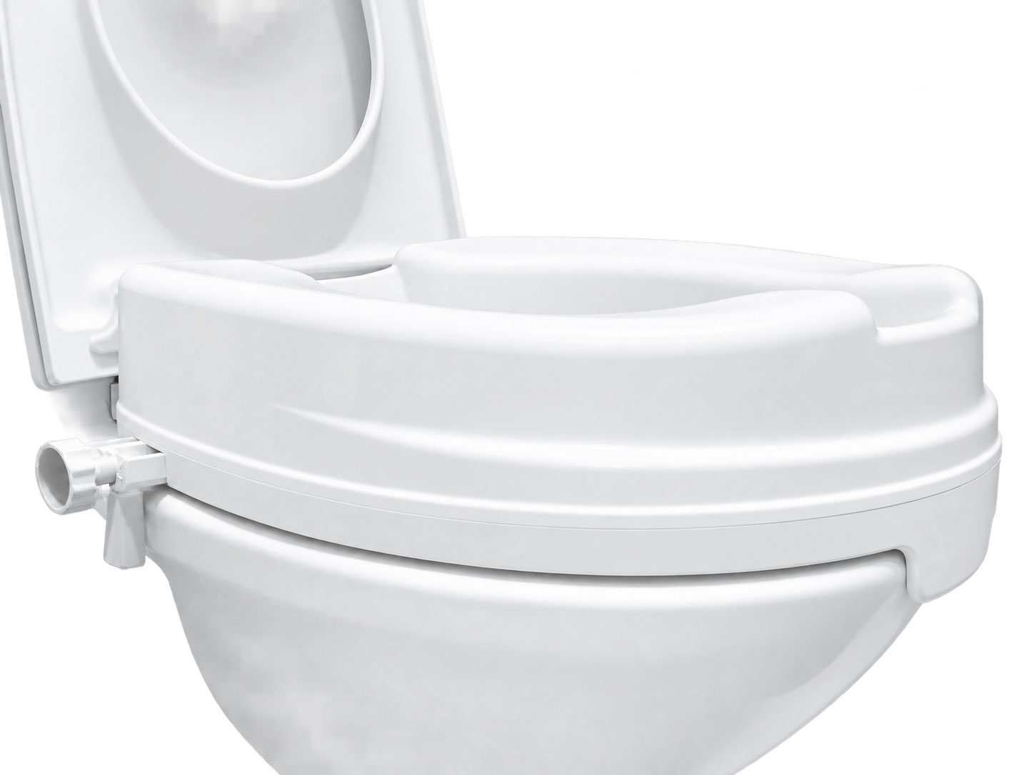 Ein weißes Toilettenmodell ist abgebildet, das für die Nutzung in medizinischen oder pflegerischen Umgebungen konzipiert ist. Es hat eine abnehmbare Sitzfläche und einen Anschluss für Wasser.
