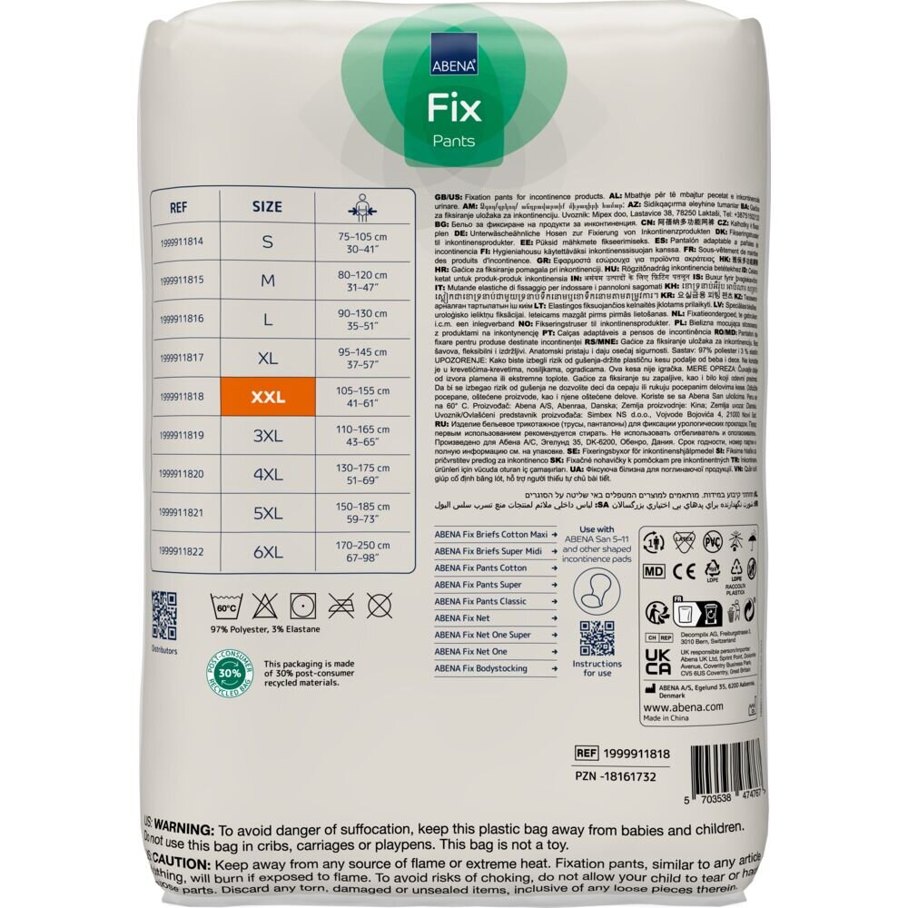 Eine Packung mit ABENA Fix Pants, die die Größenoptionen und Maße für Inkontinenzhosen anzeigt. Die Rückseite enthält Produktinformationen, Pflegehinweise und Sicherheitswarnungen.