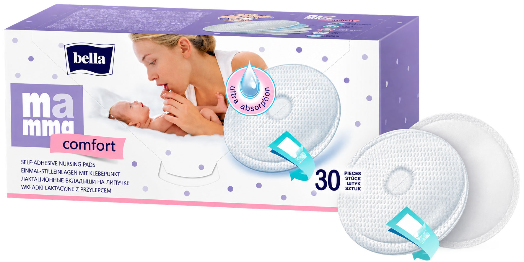 Selbstklebende Stilleinlagen in einer Verpackung, die auch ein Säugling und eine Mutter zeigt. Die Packung enthält 30 Stück und hebt -ultra absorption- hervor.
