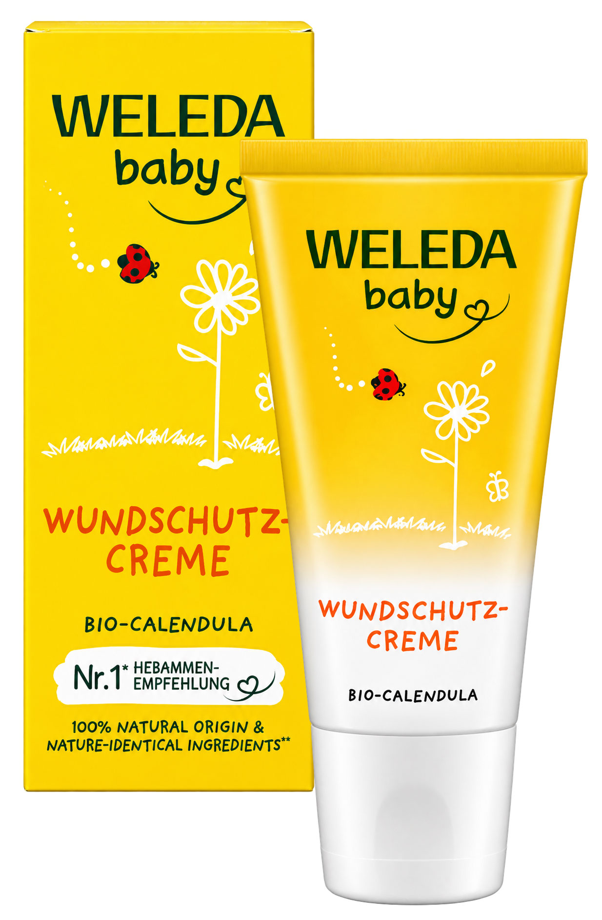 Gelbe Tube mit Wundschutzcreme von Weleda, umgeben von einer ebenfalls gelben Verpackung. Auf beiden sind Blumen und Marienkäfer abgebildet. Text enthält -WUNDschutz-Creme / BIO-CALENDULA-.