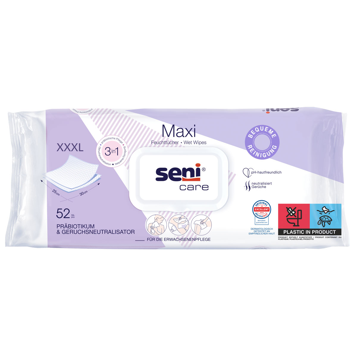 Feuchttücher von Seni Care in einer Verpackung, die die Bezeichnung -Maxi- und -XXXL- trägt. Es werden 52 Tücher angeboten, die für die Erwachsenenpflege geeignet sind. Der Hintergrund ist hellviolett und zeigt weitere Details zur Anwendung.