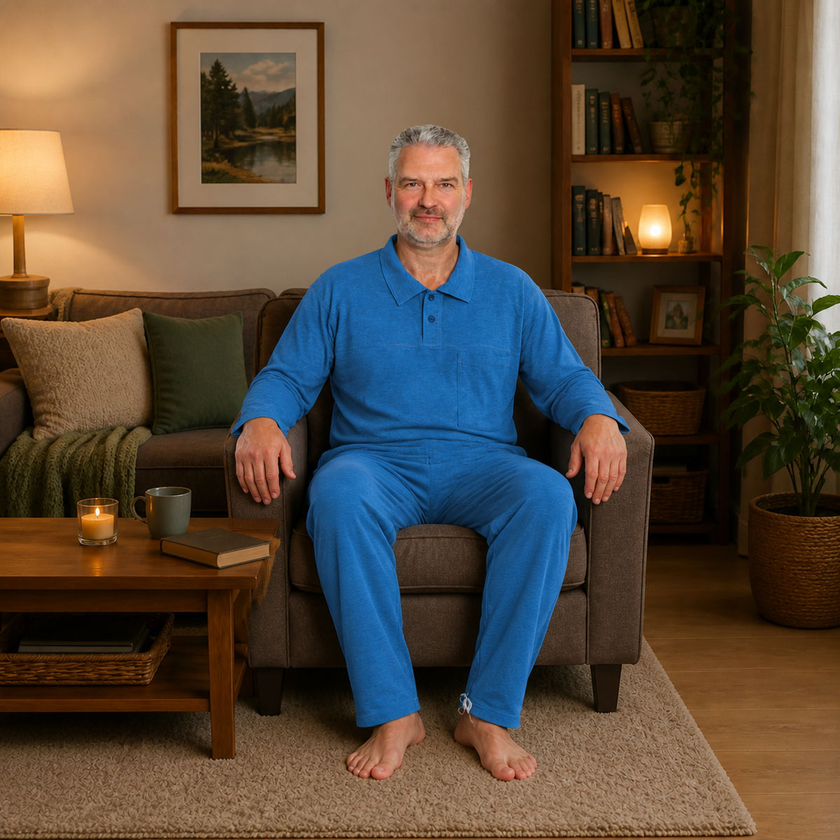 Ein Mann sitzt in blauer Freizeitkleidung auf einem Sofa. Er hat graue Haare und einen Bart. Eine Lampe und ein Bücherregal sind im Hintergrund sichtbar. Ein Tisch mit einer Tasse und einem Buch steht neben ihm.