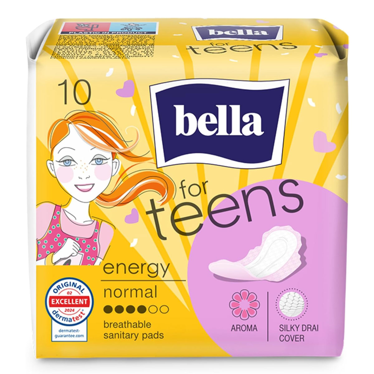 Eine Packung mit 10 Slipeinlagen für Teenager, benannt als -bella for teens-. Sie enthält Angaben zu Eigenschaften wie atmungsaktiv und Aroma, mit einer bildlichen Darstellung einer Slipeinlage. Der Hintergrund ist in Gelbtönen gehalten.
