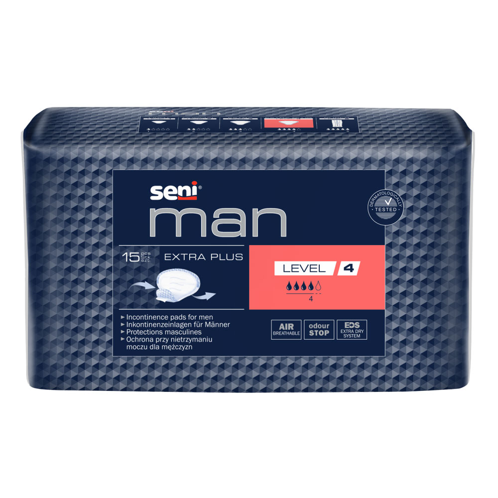 Inkontinenzeinlagen für Männer in einer dunkelblauen Verpackung, beschrieben als -Seni Man Extra Plus, Level 4-. Enthält 15 Stück und Hinweise zu den Funktionen wie -AIR- und -odour STOP-.