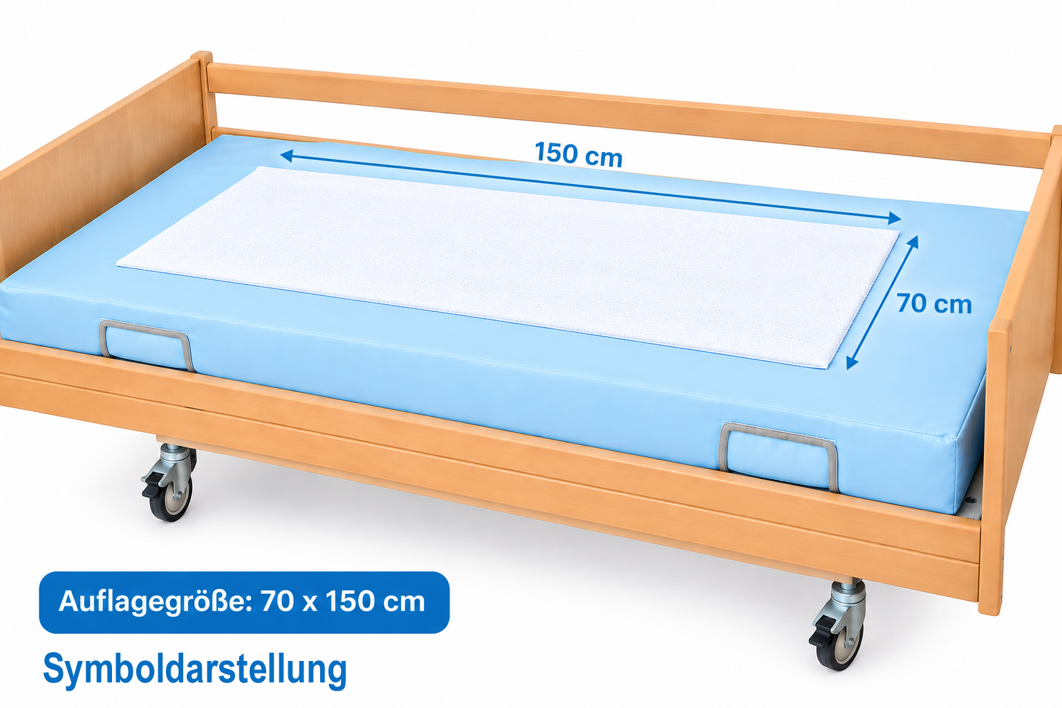Auf einem Bett mit Holzrahmen liegt eine blaue Matratze, auf der eine weiße Auflage positioniert ist. An den Seiten sind Abmessungen von 70 x 150 cm dargestellt. Darunter steht -Symboldarstellung-.