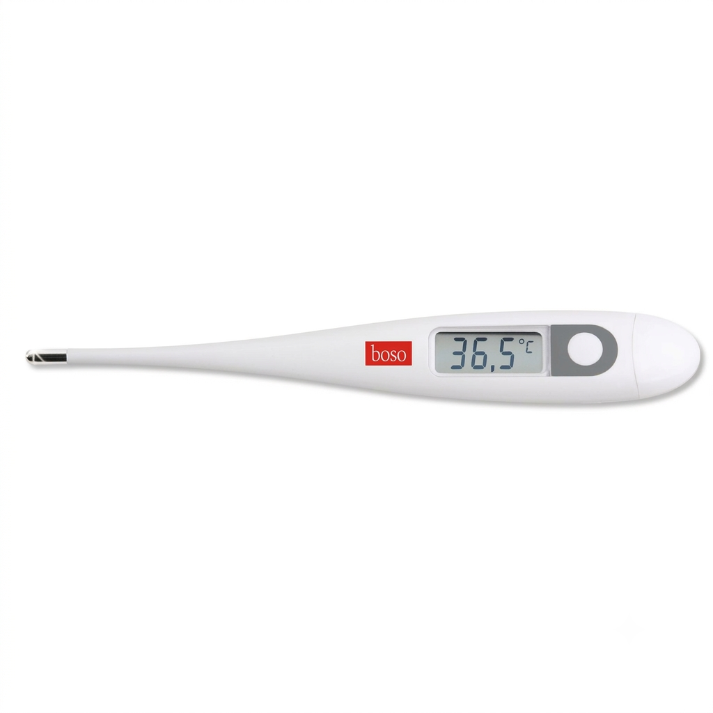 Digitales Fieberthermometer in Weiß mit einer Temperaturanzeige von 36,5 °C. Das Gerät hat einen schlanken, langen Körper und eine digitale Anzeige in der Mitte. Hintergrund ist weiß.