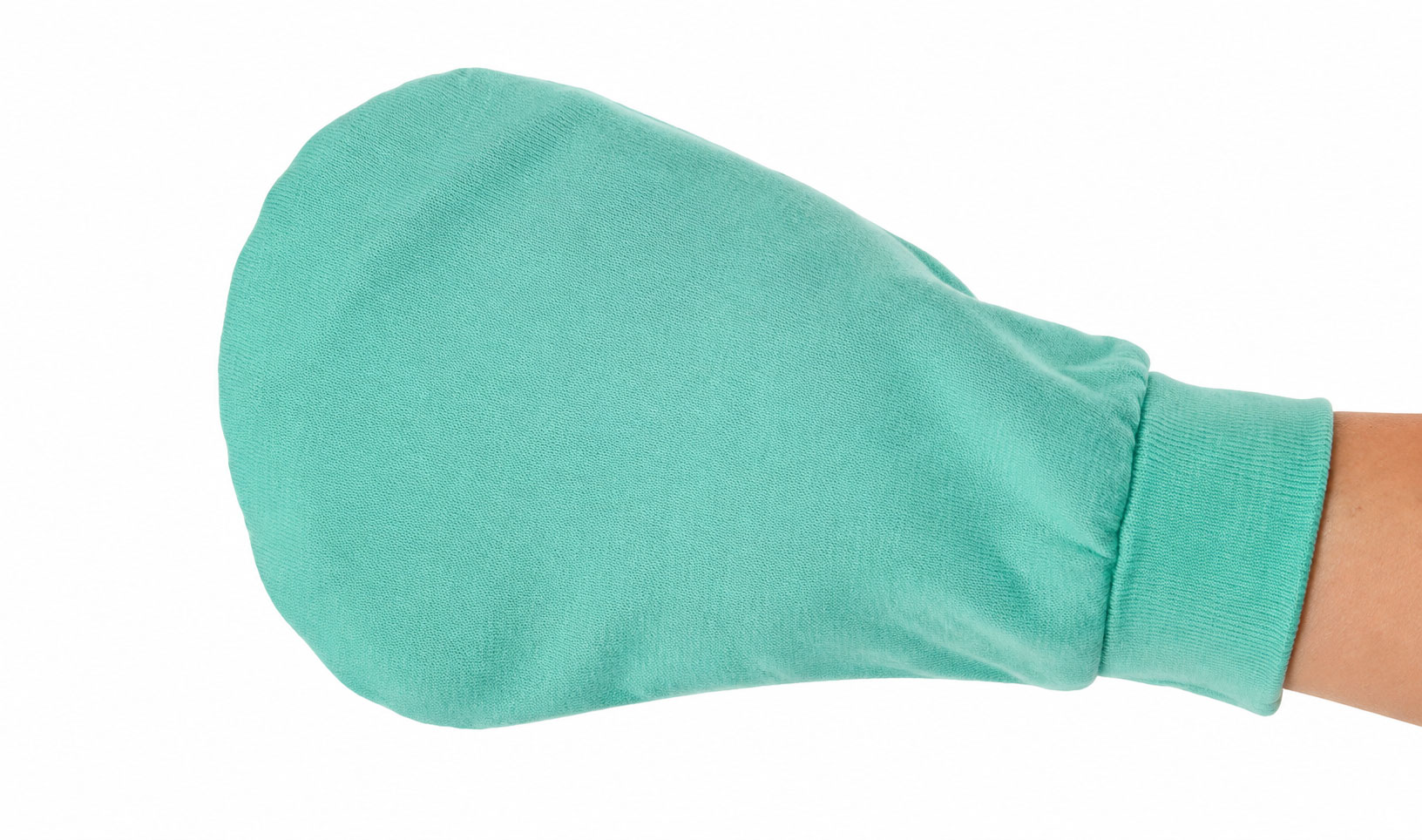 Eine große, türkisfarbene Handmaske aus Stoff ist zu sehen. Sie hat einen elastischen Bund und ist auf einem neutralen, hellen Hintergrund platziert.