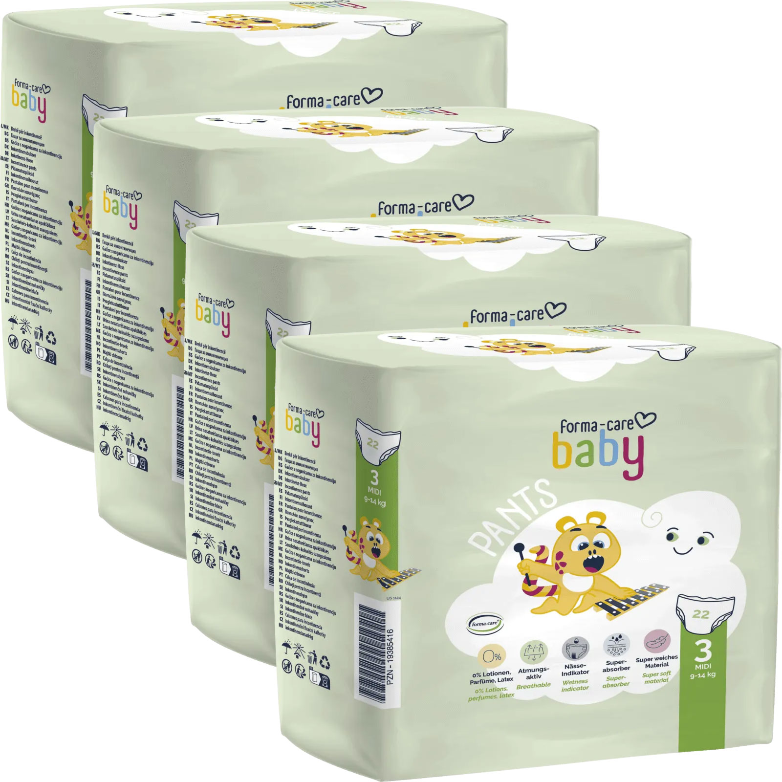 Vier Packungen einer Babywindelmarke stehen nebeneinander. Jede Packung ist hellgrün mit einem verspielten Design, das freundliche Tiere zeigt. Auf der Vorderseite steht -forma-care baby- und -3 Midi (9-14 kg)-, zusätzlich sind verschiedene Produktmerkmal