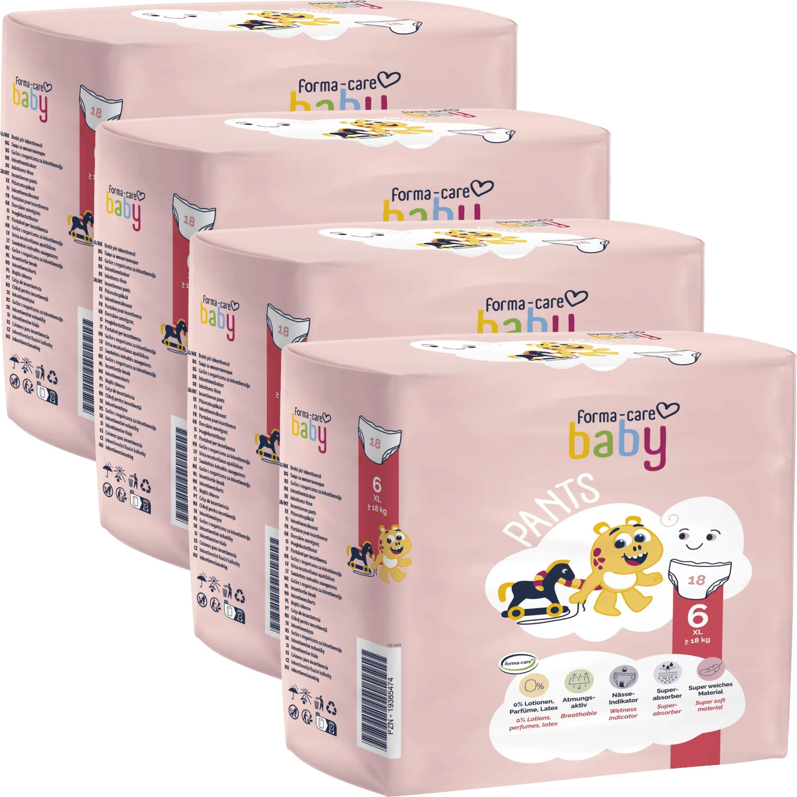 Vier Packungen Windelhosen für Babys der Marke forma-care baby sind nebeneinander angeordnet. Jede Packung ist rosa und zeigt Tiere und Spielzeuge auf der Vorderseite. Die Packungen sind für Größen XL (18 kg) und enthalten jeweils 18 Stück.