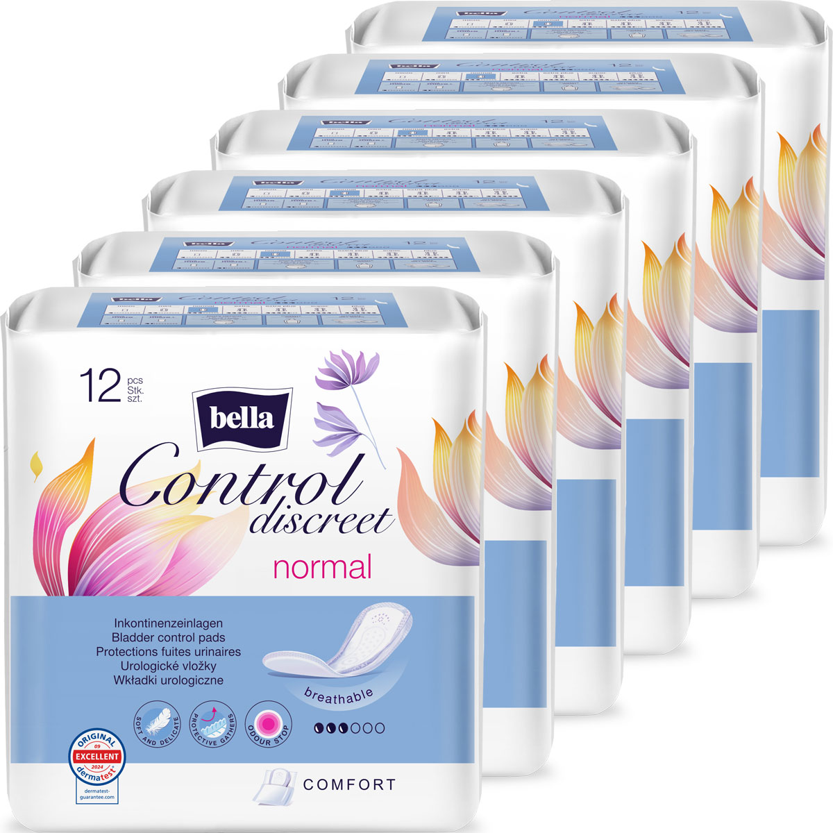 Sechs Packungen von Bella Control Discreet Normal Inkontinenzeinlagen sind in einer Reihe angeordnet. Jede Verpackung zeigt bunte Blumenmuster und enthält 12 Stück. Das Design ist freundlich und ansprechend.
