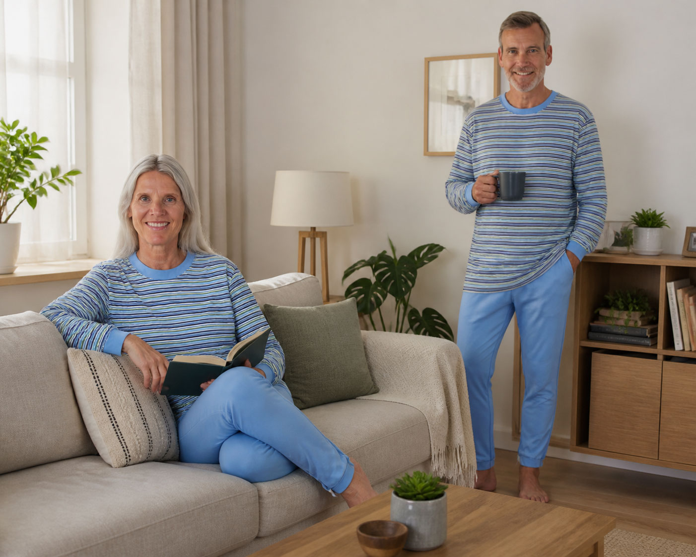 Ein älteres Paar sitzt in einem hellen Wohnzimmer. Die Frau liest auf der Couch und lächelt, während der Mann mit einer Tasse steht. Beide tragen gemütliche, gestreifte Schlafanzüge in Blau. Pflanzen und Möbel ergänzen den Raum.