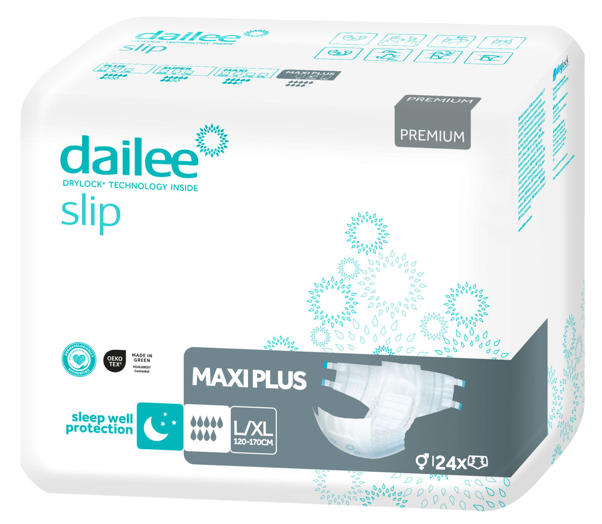 Packung mit Inkontinenzprodukten von Dailee, Modell -Slip-, Größe L/XL (120-170 cm), enthält 24 Stück. Sichtbar sind Symbole für die Verwendung und besondere Technologien, sowie ein Hinweis auf hochwertige Qualität.