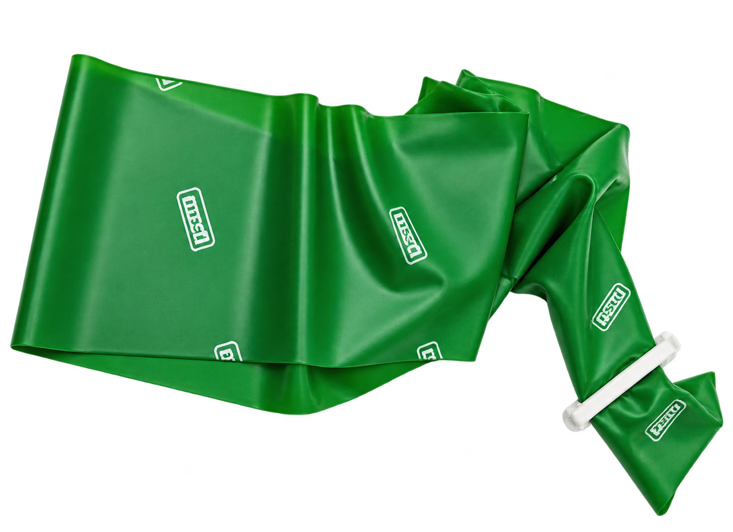 Grüner, flexibler Gummi mit weißen Markenlogos, der gelegentlich zu Trainings- oder Fitnesszwecken verwendet wird. Er ist faltenfrei und liegt auf einem neutralen, weißen Hintergrund.
