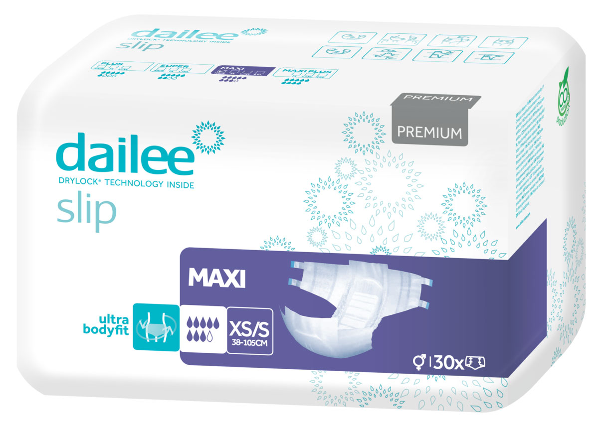 Dailee Slip Maxi Verpackung zeigt eine Packung für Inkontinenzprodukte mit -Drylock® Technology-. Sichtbar sind die Variationen -XS/S- (38–105 cm) und die Anzahl von 130 Stück.