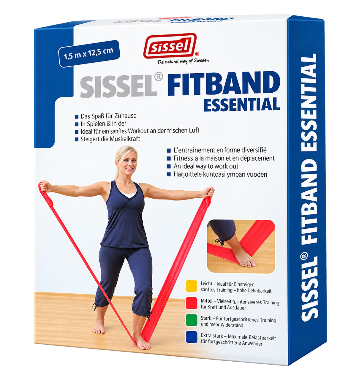 Rot elastisches Fitnessband in einer Box, präsentiert von einer sportlichen Frau. Das Band wird in der Hand gehalten, während die Frau auf einem Holzfußboden steht. Text beschreibt Anwendungsmöglichkeiten und Eigenschaften des Bandes in verschiedenen Spra