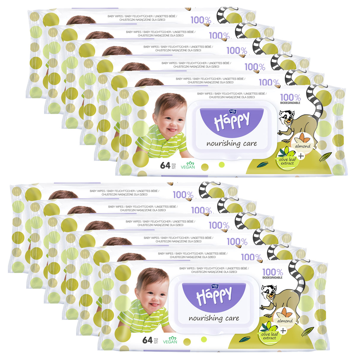 Sparpack - Bella Happy Feuchttücher - Mandel & Olive mit Klickverschluss Karton (12x64 Stück)