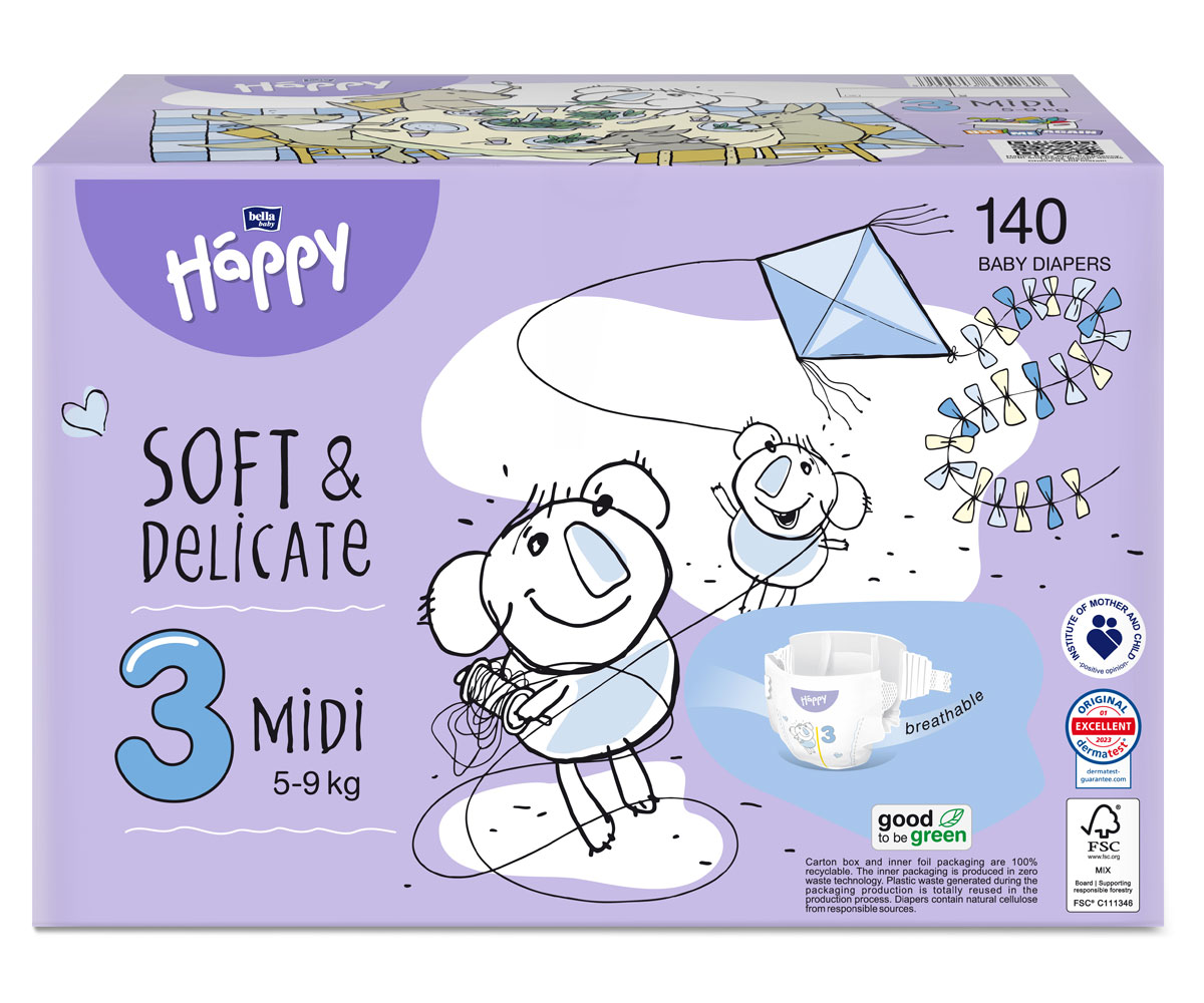 Bella Happy Soft & Delicate Windel BOX - MIDI Gr. 3 (5-9kg) - 140 Stück