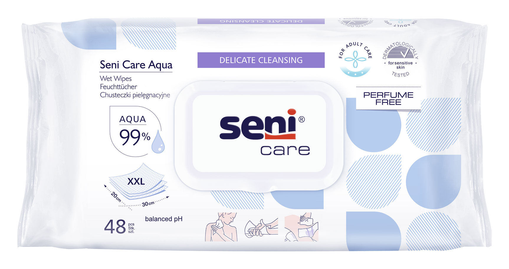 Feuchttücher in einer Verpackung. Die Vorderseite zeigt Informationen wie -Seni Care Aqua-, -99% Aqua-, -XXL- und -parfümfrei-. Es sind Illustrationen zum Gebrauch und Pflegehinweise abgebildet. 