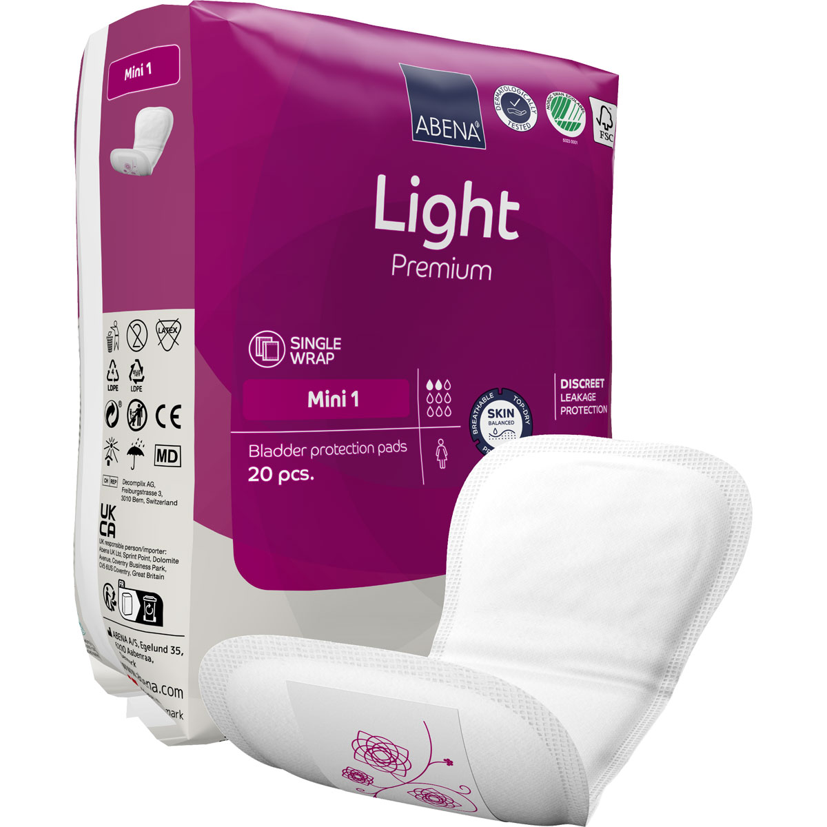 Blasenschutzpolster in einer Verpackung. Die Vorderseite zeigt die Beschriftung -ABENA Light Premium Mini 1- mit Informationen über das Produkt. Im Vordergrund liegt ein einzelnes, weißes Blasenschutzpolster. 20 Stück enthalten.