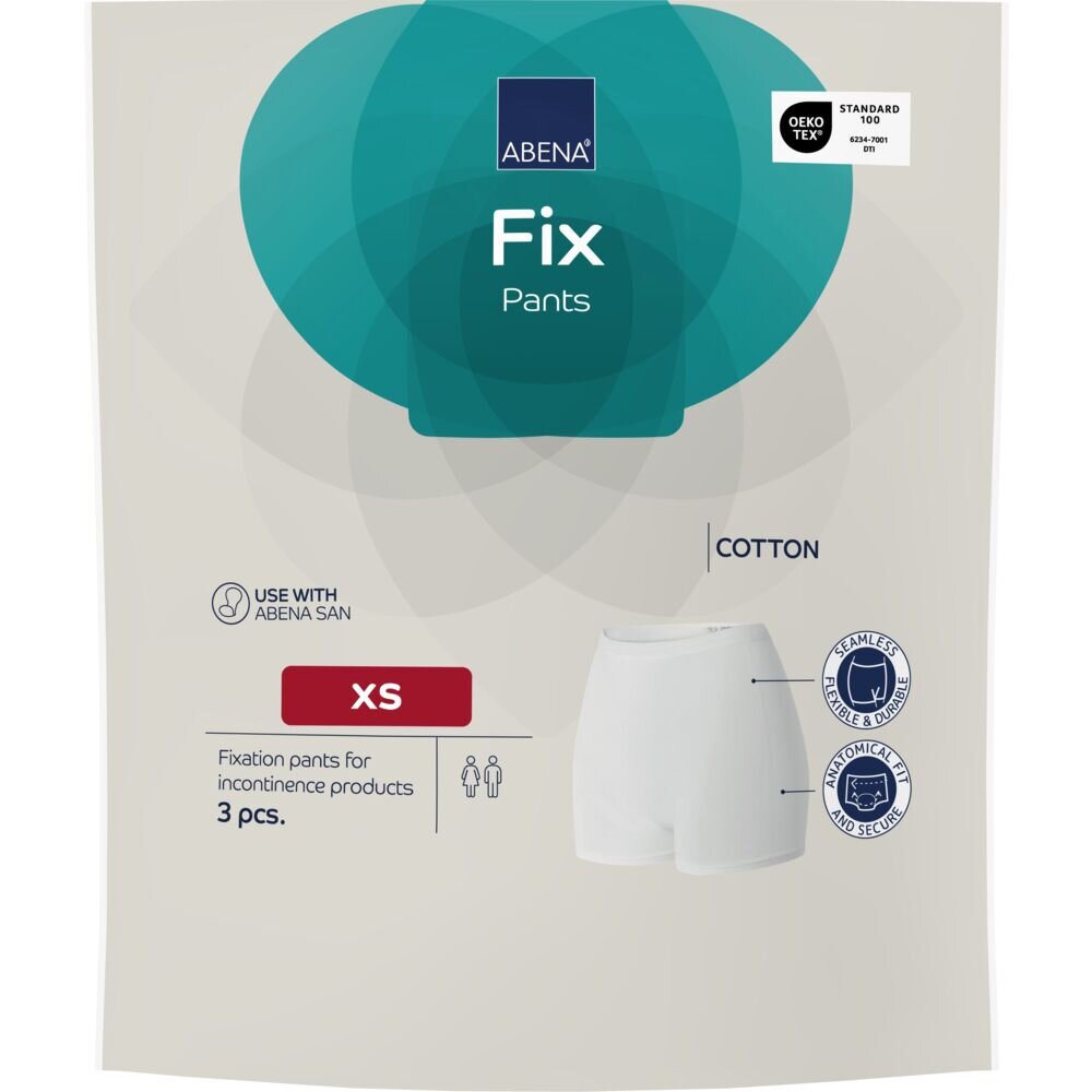 Fixationshosen aus Baumwolle in der Größe XS sind in einer Packung mit 3 Stück abgebildet. Die Hose wird als nahtlos, flexibel und sicher beschrieben und ist zur Nutzung mit Abena San gedacht.