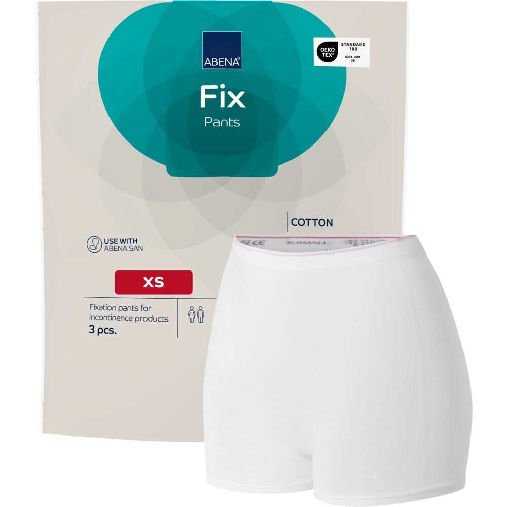 Fixationshosen für Inkontinenzprodukte in Größe XS aus Baumwolle, dargestellt neben einer Verpackung mit dem Logo -ABENA Fix-. Verpackung zeigt drei Stück und die Verwendung mit ABENA SAN.