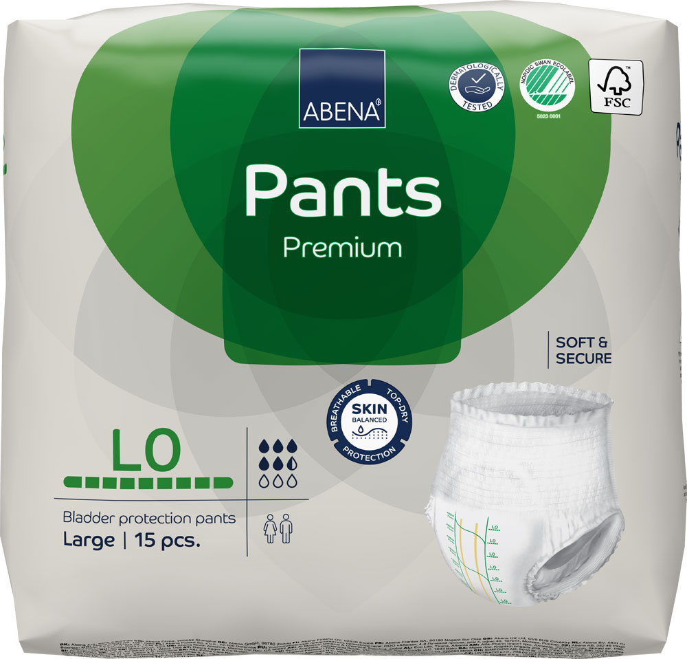 Verpackung für Inkontinenzprodukte, zeigt eine weiße Schutzhose mit elastischen Bündchen. Textinformationen beinhalten: -ABENA Pants Premium-, Größe -L-, 15 Stück, sowie Symbole für Hautfreundlichkeit und Atmungsaktivität.