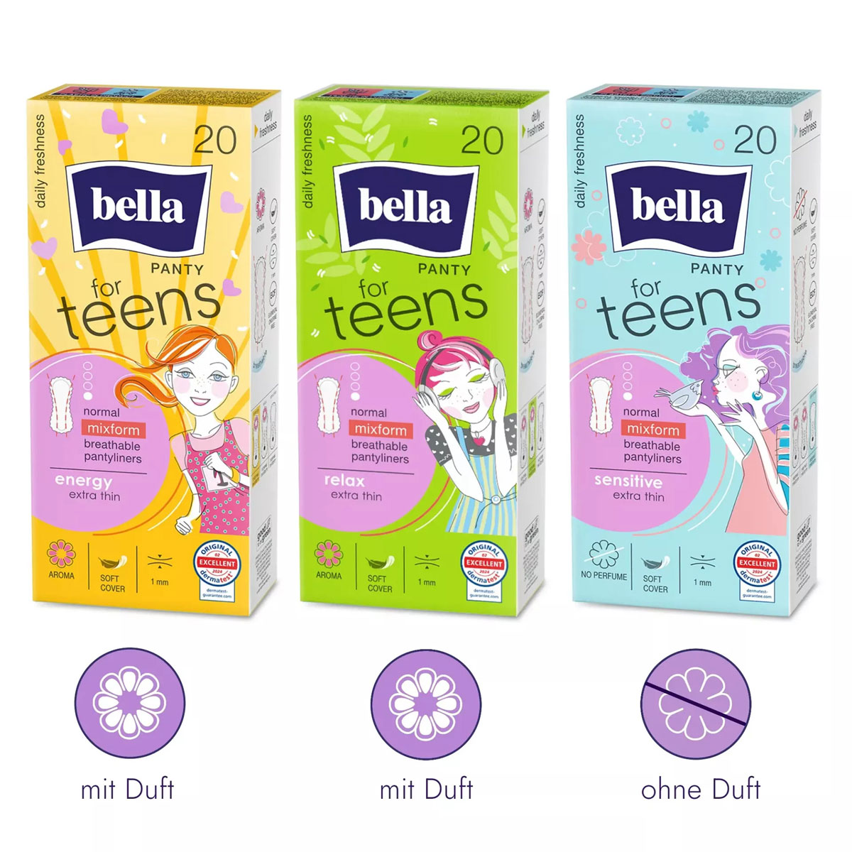 Drei Packungen von Bella Panty für Teens in bunten Designs. Oben steht -for teens-, darunter verschiedene Varianten: Energy, Relax und Sensitive. Zwei mit Duft, eine ohne.