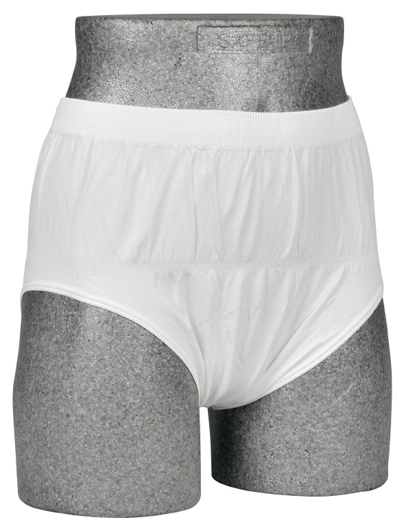 Weiße Unterwäsche für Erwachsene, präsentiert auf einem grauen Mannequin. Die Hose hat einen elastischen Bund und eine einfache, klassische Form, in einem neutralen, klinischen Kontext.