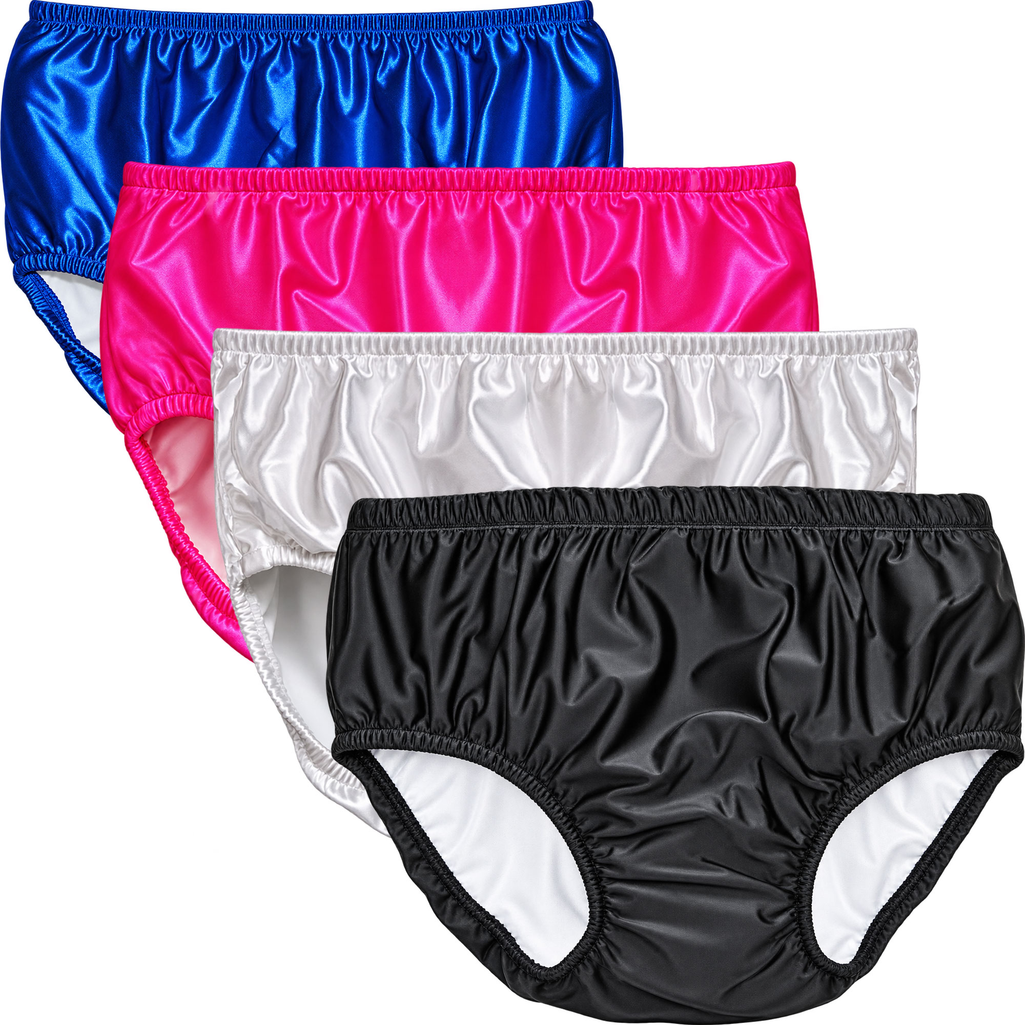 Vier glänzende Stoffunterhosen in Blau, Pink, Weiß und Schwarz sind übereinander gestapelt. Sie haben elastische Bündchen und einen glatten, seidig wirkenden Stoff ohne Muster.