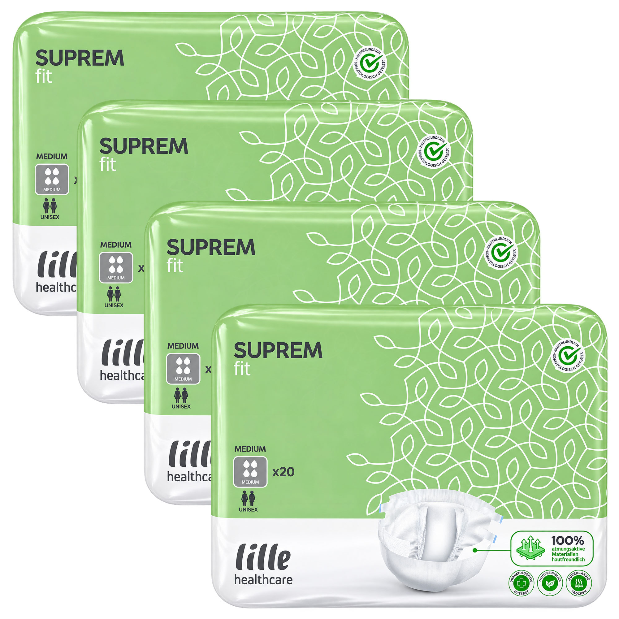 Vier Verpackungen von -SUPREM fit- von lille healthcare sind nebeneinander angeordnet. Jede Verpackung zeigt ein grünes Design mit der Aufschrift -SUPREM fit-, Informationen zur Größe und Anzahl der Einlagen sowie das Logo von lille healthcare. Es gibt au