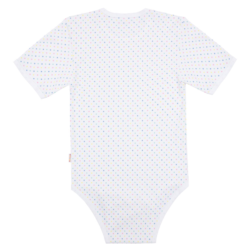 Kurzärmeliger Body mit bunten Punkten in verschiedenen Farben auf weißem Hintergrund. Die Rückseite ist sichtbar, der Body hat einen klassischen Rundhalsausschnitt und ist für Babys konzipiert.