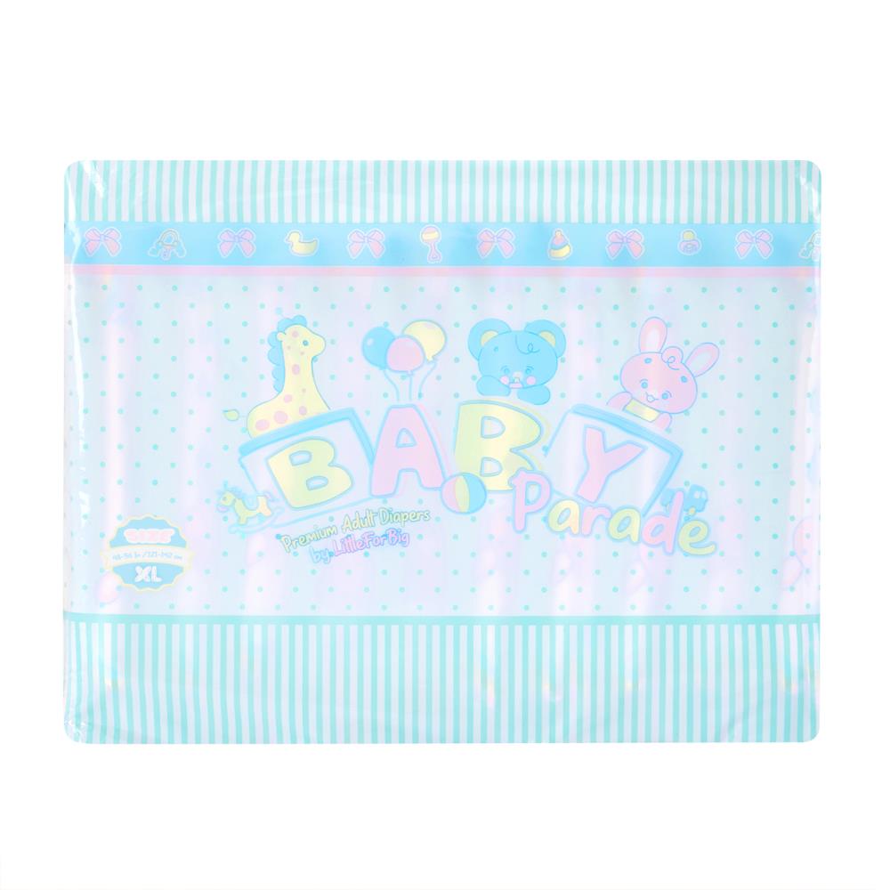 Großes Packung mit buntem Design für Erwachsenenwindeln. Auf der Vorderseite steht -BABY Parade- in verspielter Schrift. Umgeben von tierischen Motiven und Punkten auf hellblauem Hintergrund.