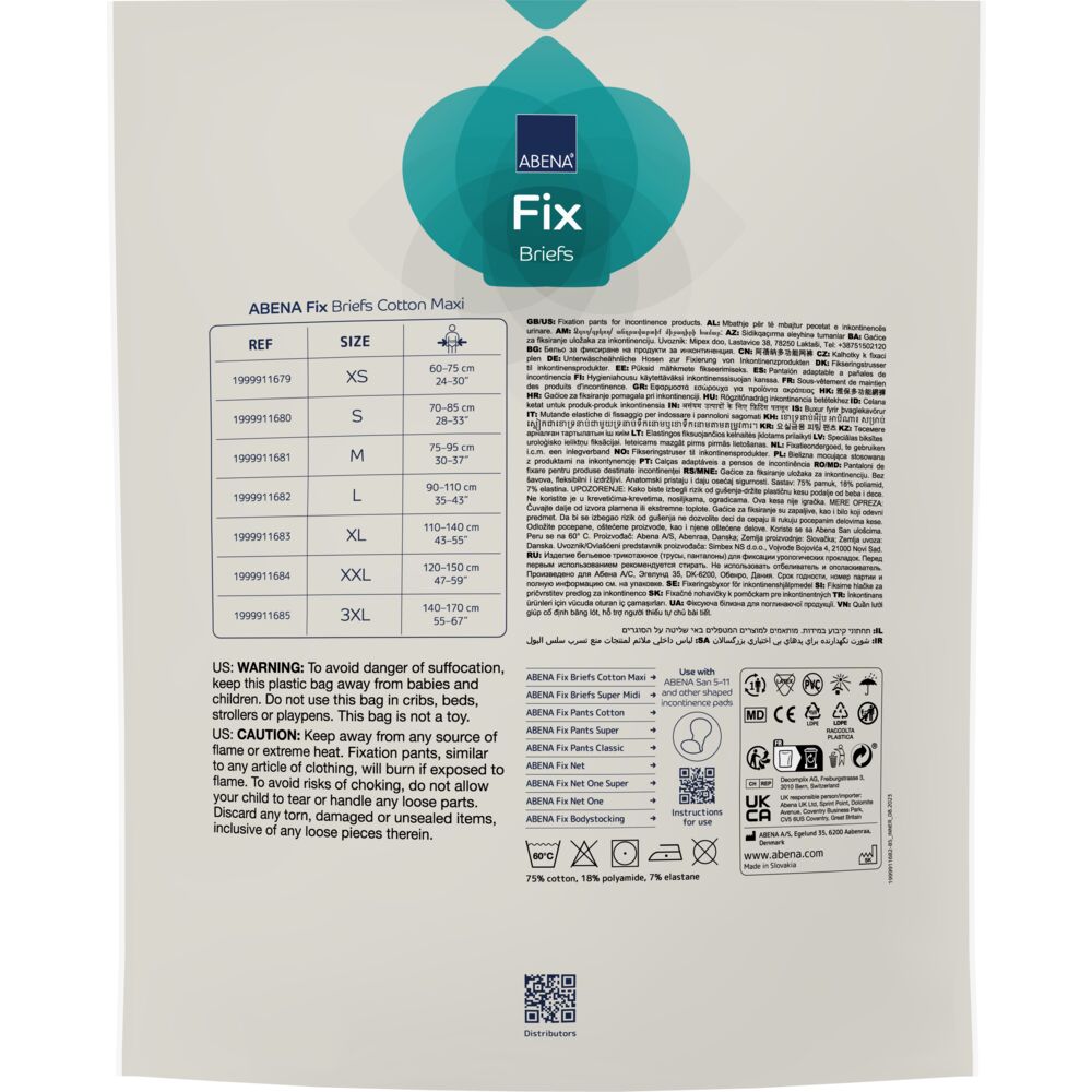 Abena Fix Briefs in Maxi-Größe werden auf einer Verpackung präsentiert. Die Größe und Referenznummern sind aufgeführt. Sicherheitswarnungen und Anwendungshinweise sind in mehreren Sprachen vorhanden.
