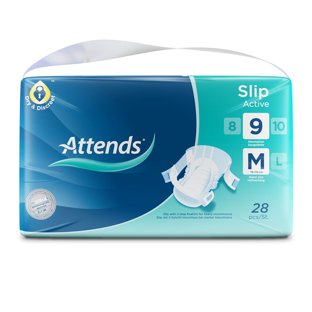 ATTENDS Slip Active 9 - Medium (M) Inkontinenzwindeln 112 (4x28) Stück ATTENDS Slip Active 9 - Medium (M) Inkontinenzwindeln 112 (4x28) Stück