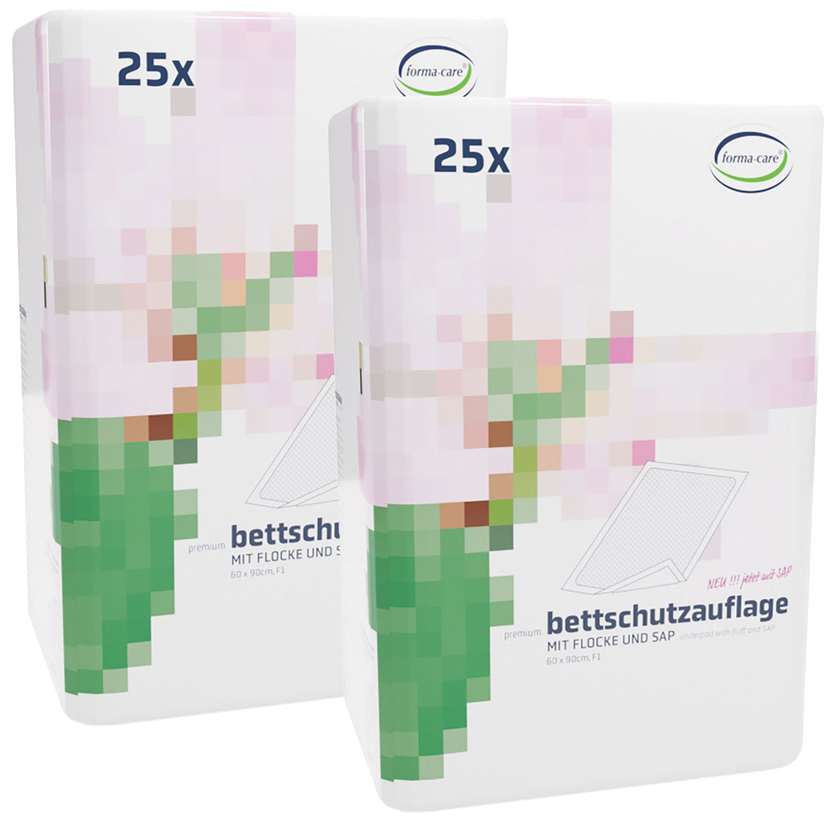 Die Verpackungen zeigen zwei identische Kartons mit einer Bettschutzauslage. Auf den Kartons steht -25x bettschutzauflage mit flocke und sap-, im Hintergrund sind grafische Elemente in sanften Farben.